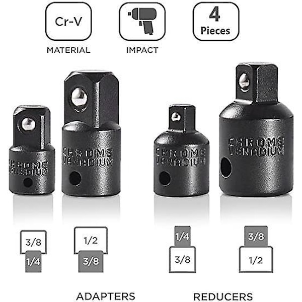 4 stk. Øker- og Reduseringssett Skralleadapter Reduseringsadaptere for 1/2\" 1/4\" 3/8\" Driverpiper og Bits