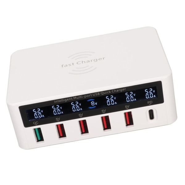 6 Port USB Ladestation 100W Trådløs Smart Hurtigopladning Multi Port USB Hub Oplader med LED Display 100‑240V EU stik