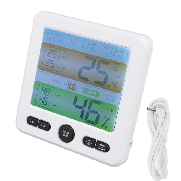 Inomhus termometer digital färgskärm larm temperatur fuktighet monitor sängklocka för hem vit