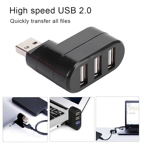 Dockingstation 3-portars USB2.0-splitter Datortillbehör Rotationsbar tunn lätt svartSvart