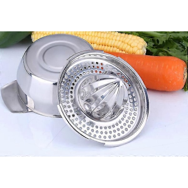 Citronpresser i rustfrit stål, juicer med skål til appelsiner, citroner og frugt, hjemmelavet juice i køkkenet 5.29
