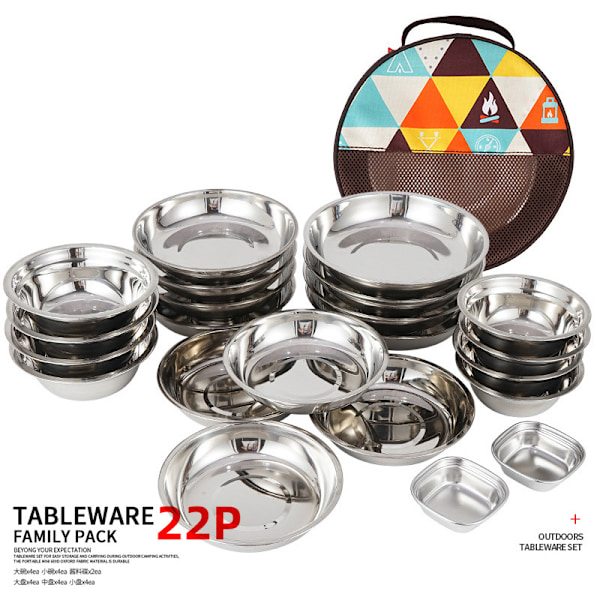 22PCS Service Plate Set Rustfrit Stålservice til Udendørs Camping Selvkørende Tur