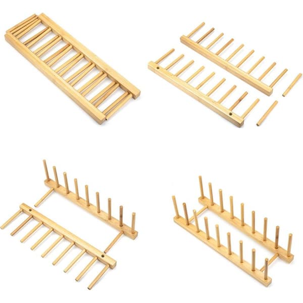 4-delat set bestående av tallrikshållare i bambu, diskställ i trä, lockhållare, förvaring för kastruller, koppar, böcker, CD-skivor, 8 fack