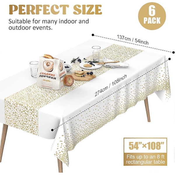 Guld Party Bordsduk 137 x 274 cm, 6-pack Plast Bordsduk Torkbar, Rektangulär Vattentät Partyduk för Barnkalas Födelsedag Festlig Fest