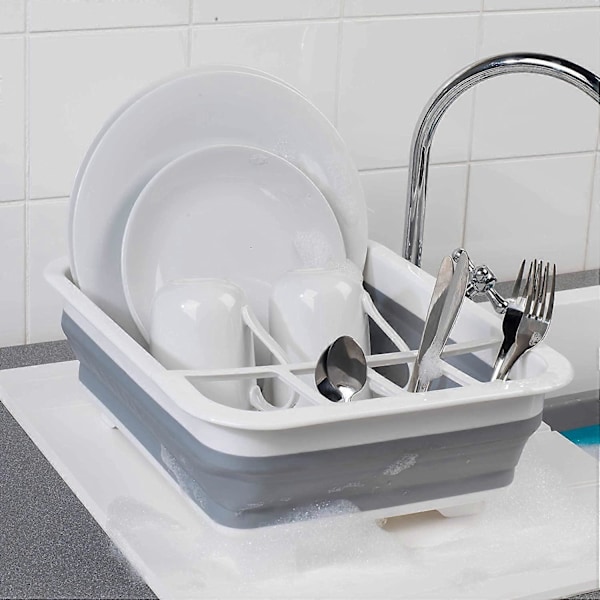 Grått hopfällbart diskställ med bestickhållare, perfekt för husägare eller camping, brottsäker, platsbesparande design