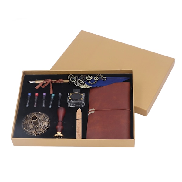 Feather Pen Set Retro Utsökt Fire Paint Wax Tom Bläckflaska Bläck Sac Bas Bok Stämpel Quill Pen Kit Royal Blue