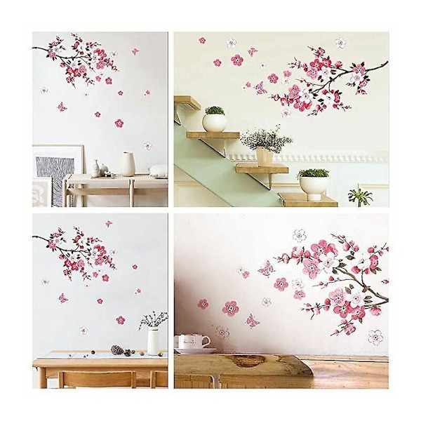 KÖRSBÄRSBLOMMOR väggdekaler med fjärilar rosa röd (120x50 cm) I sakura vinranka blommig gren träd självhäftande väggdekal för vardagsrum sovrum