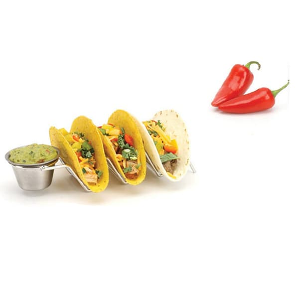 Taco Stand Rustfrit Stål 3 Gitter V-formet Blank Taco Holder Stativ til Køkken Hjem med Sovsekop