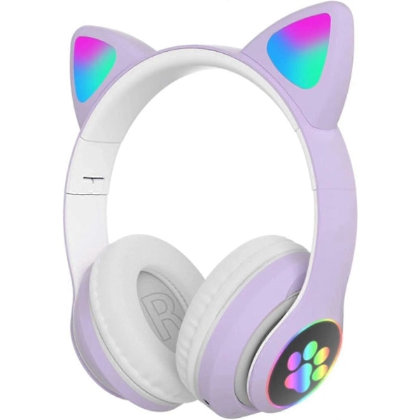 Kissan korvilla varustetut pelikuulokkeet, langattomat nappikuulokkeet LED-stereo kuulokkeet, FM-radio, TF-kortti, MP3-pisteliitäntä Bluetooth-kuulokkeet mikrofonilla (violetti)