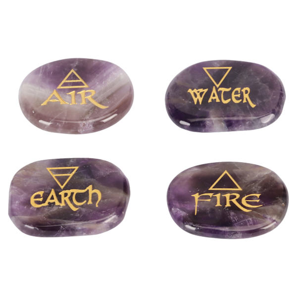 4 Element Blandade Stenar Graverade Triangulära Symboler Jord Luft Eld Vatten Polerade Runstenar för Reiki Kristallhealing Ametist