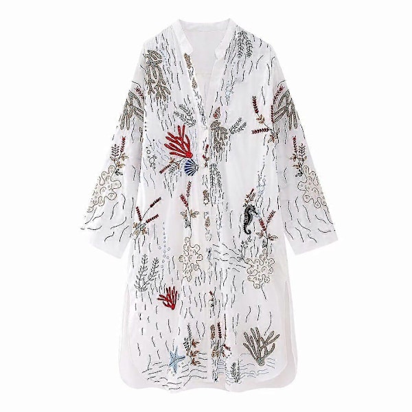 Dame Mode Broderet Lang Bluse Blød Talje V-Hals Enkelte Knapper Side Drapering Afslappet Sommer Polyester S