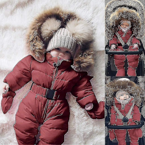 Hooded Unisex Baby Jumpsuit - 0-24 Months - Boys and Girls Romper with Fur Collar 80cm Brown