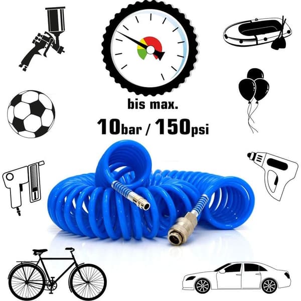 Beijiyi – 15m Spiralkompressorslang – 8mm Diameter – 10 bar Tryck – 1/4 tums Snabbkoppling – Flexibel och Slagtålig