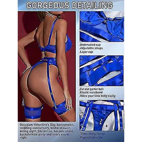 Strappy Lingerie Set med Strømpebånd, BH, Truser og Lårstropper M blå