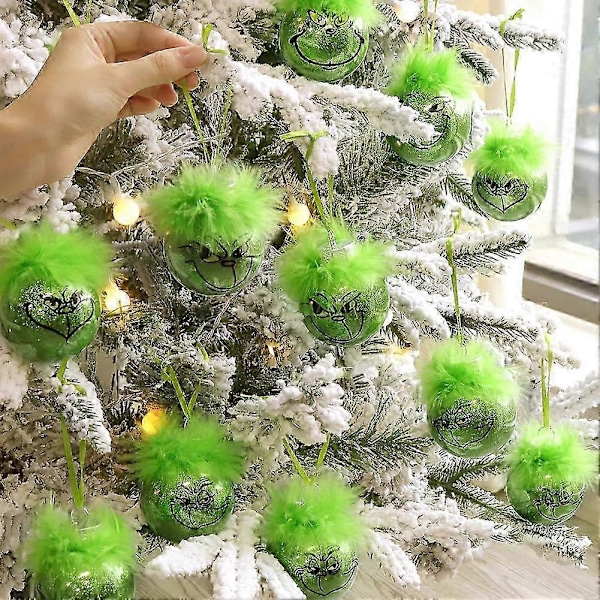 12-pakning Grinch Julekuler Juletre Hengende Kuler Ornamenter - Grønn Alv Med Fuzzy Hårdekorasjoner -JRCN