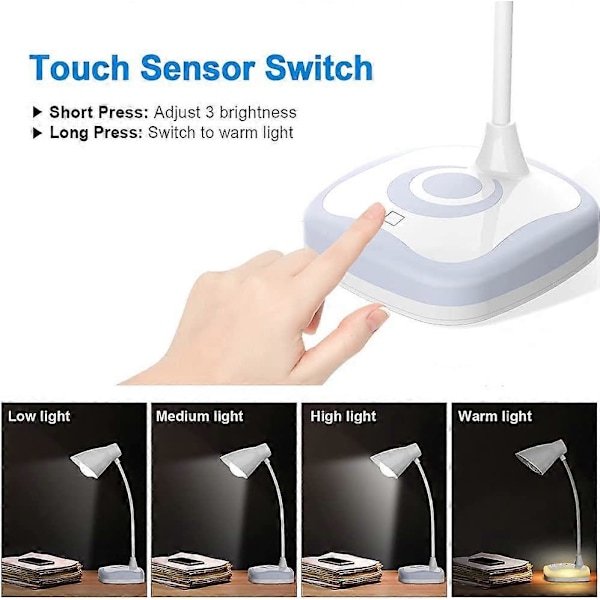 Skrivebordslampe, USB Genopladelige Skrivebordslamper Fleksibel Hals, Øjenbeskyttelse, 3 Lysstyrkeniveauer med Touch Kontrol, Bordlampe til Skrivning, Læsning Ved Sengen