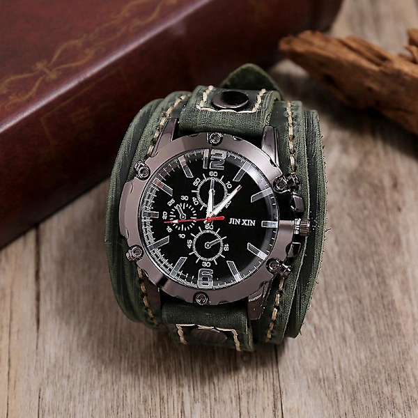 Unisex Punk Retro Bronze Rund Urskive grøn Bred Læder Bælte Rem Manchet Armbånd Romertal Analog Quartz Armbåndsure