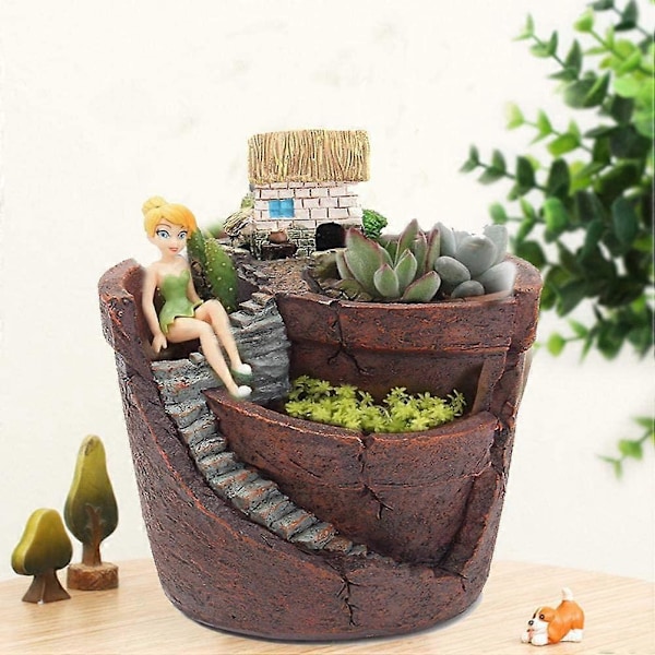Kreativ Suckulent Växtkruka, Sagoträdgård Harts Blomkrukor Sött Hus DIY Trädgårdsdekoration (Brun, 13*10*10cm)