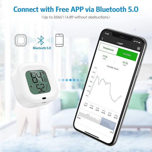 Bluetooth Hygrometer Termometer, Trådløs Sensor med Alarm Notifikationsfunktion og Dataeksport via APP til iOS Android, 【2 Styk】