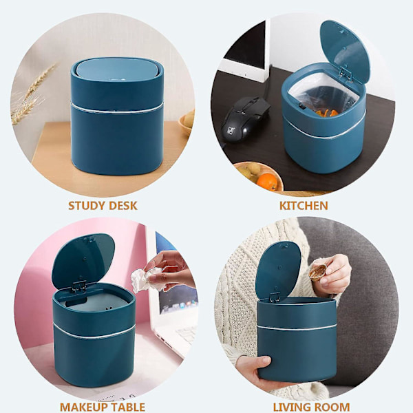 Bordskorg med lock, Mini soptunna i plast, Liten soptunna för sovrum, matsal, badrum, kontor (Blå)