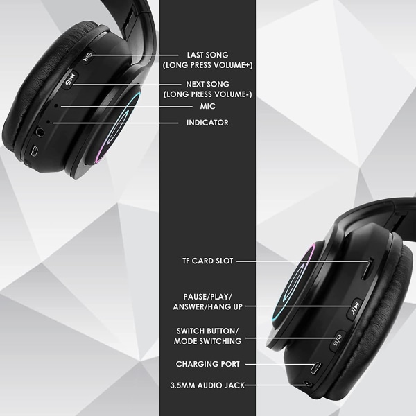 Sammenleggbare Cat Ear trådløse Bluetooth-hodetelefoner med innebygd mikrofon for barn, stereolydhodesett for telefoner, nettbrett og PC (svart)