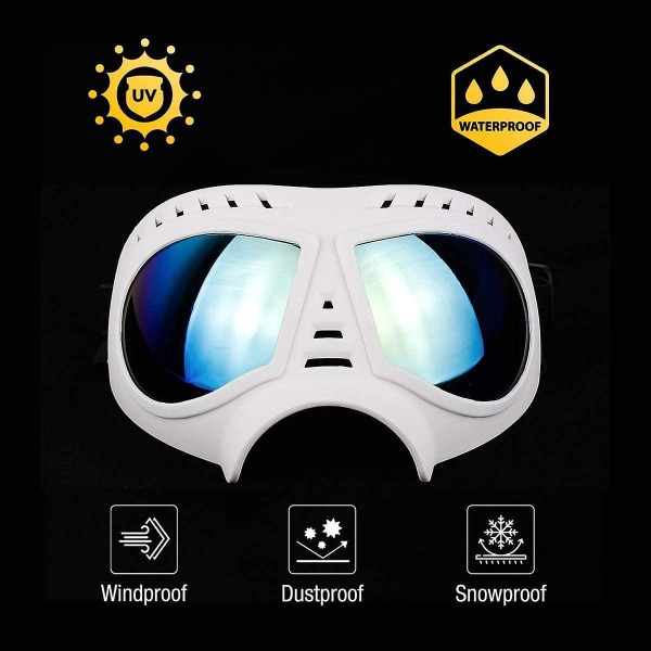 Justerbare UV-beskyttende hundesolbriller med brukervennlige stropper for mellomstore/store hunder i hvitt