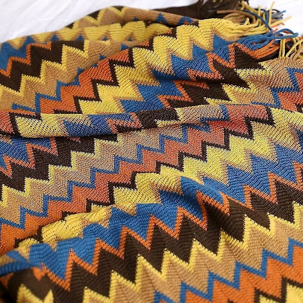 Stor Rutig Bohotäcke Stickad Filt 130 X 230cm i Akrylfiber med Fransar för Soffa Fåtölj Sovrum Säng (Orange),
