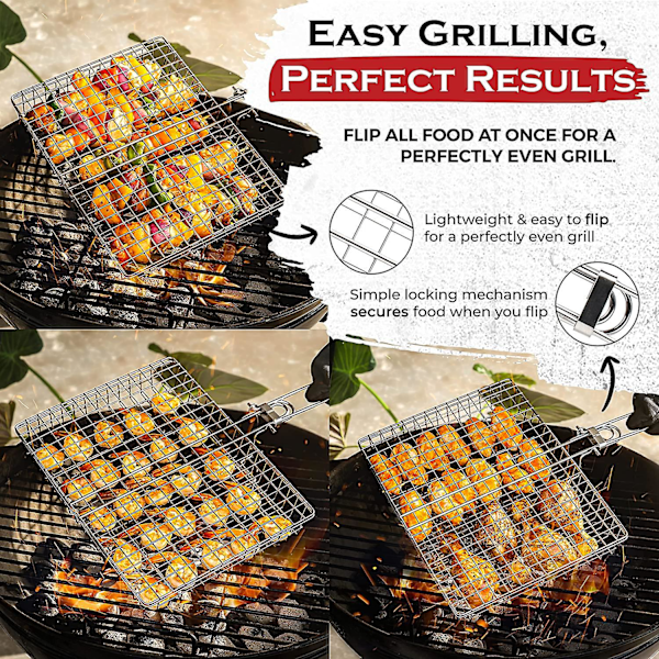Grillkurvsett i rustfritt stål, stor sammenleggbar BBQ-kurv med håndtak, bærbar grillrist for utendørs camping