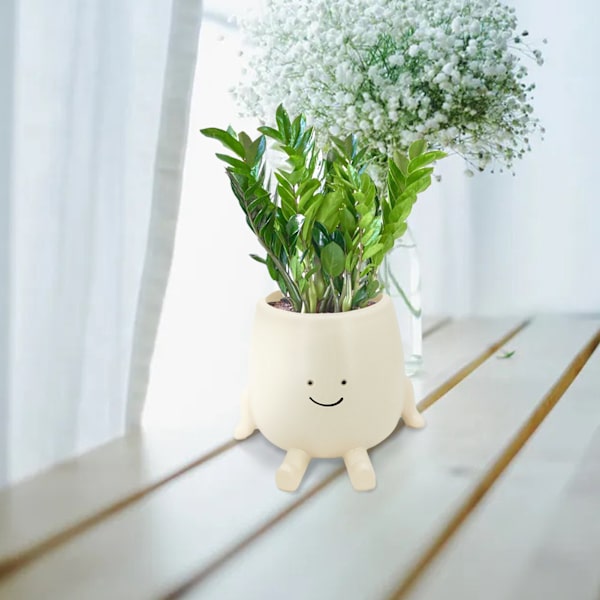 Siddende blomsterpot sød ansigt harpiks potte dekorative sukkulent blomsterpotte med drænhul til have balkon kontor vindueskarm