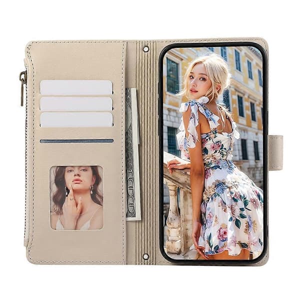 Compatible Case for Samsung Galaxy A56 5G, Multi-Slot, Zipper, Leather Case with Wrist Strap Beige