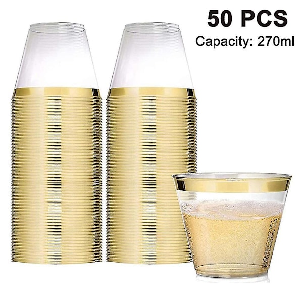 Crystal Clear 9 Oz Plastic Wine Cups with Gold Rim, Pack of 50