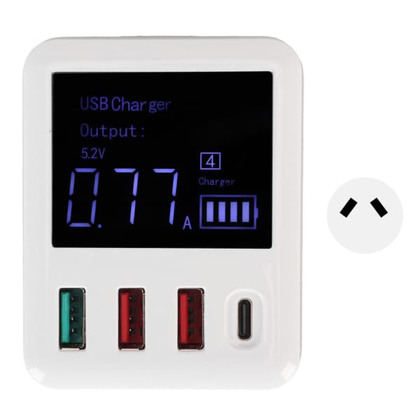 USB-vegglader 4-porter QC3.0 PD20W LCD-skjerm Hurtiglading USB C Reiselader 100‑240V AU-plugg
