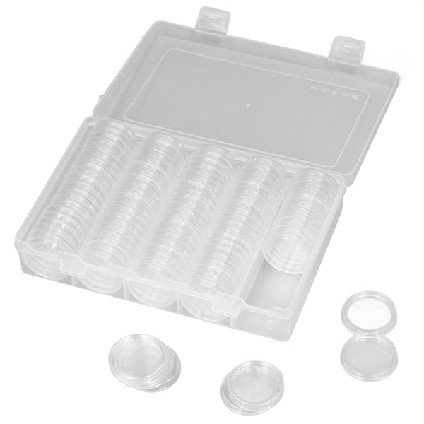 Myntbeholder 100 stk Oppbevaring Plast Transparent Mynt Oppbevaringsboks med Myntkapsler for Myntsamling Utstilling