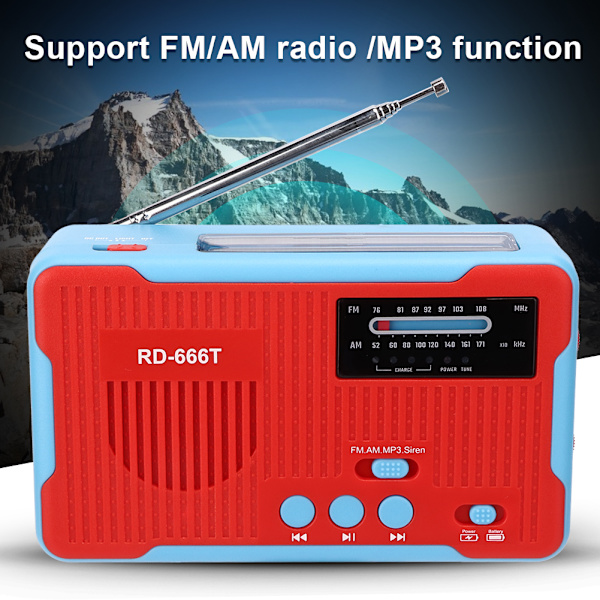 RD-666T Bärbar solcellsdriven nödhandvev AM FM-radio med LED-ficklampa Röd