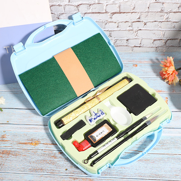 Student Calligraphy Practice Tool Set Writing Brush Ink Stick Writing Cloth (Blue)