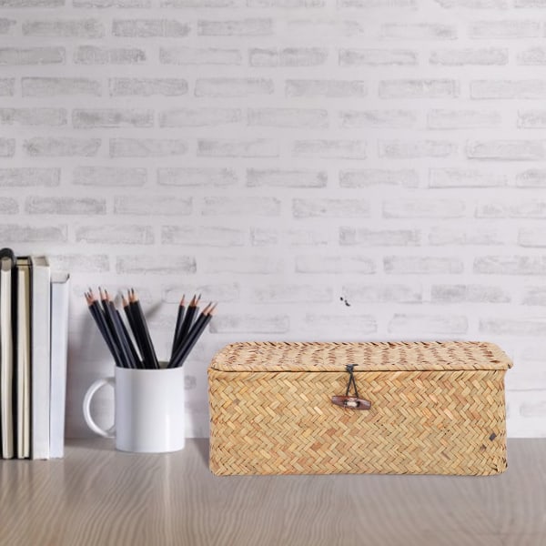 Vävd sjögräs rektangulär förvaringskorg med lock - Desktop Organizer