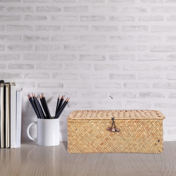 Vævet havgræs rektangulær opbevaringskurv med låg - Desktop Organizer