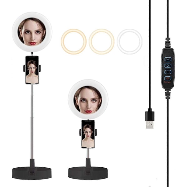 LED Ring Light Foldbar Udfyldningslys med Spejl Mobiltelefonholder med 3 Belysningstilstande Skalerbar Hvid