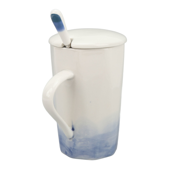 400 ml keramisk krus med blækmalingsstil - kaffekrus i keramik med ske og låg til hjemmet/kontoret - blå