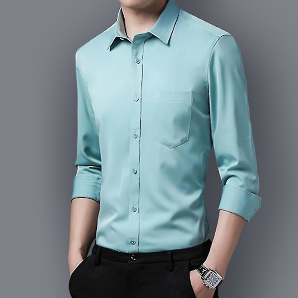 Miesten Slim Fit -paita, yksivärinen, napitettava, kaulus alas, vaaleanvihreä