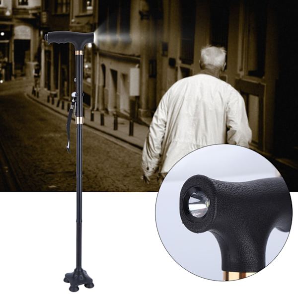 Justerbar hopfällbar käpp av aluminiumlegering Antisladd käpp med lampa för gammal man
