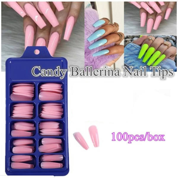 100 stk/æske Kiste Ballerina Falske Neglespidser Fulddækning Neglespidser DIY Akryl Nail Art 10 størrelser Fuldt sæt