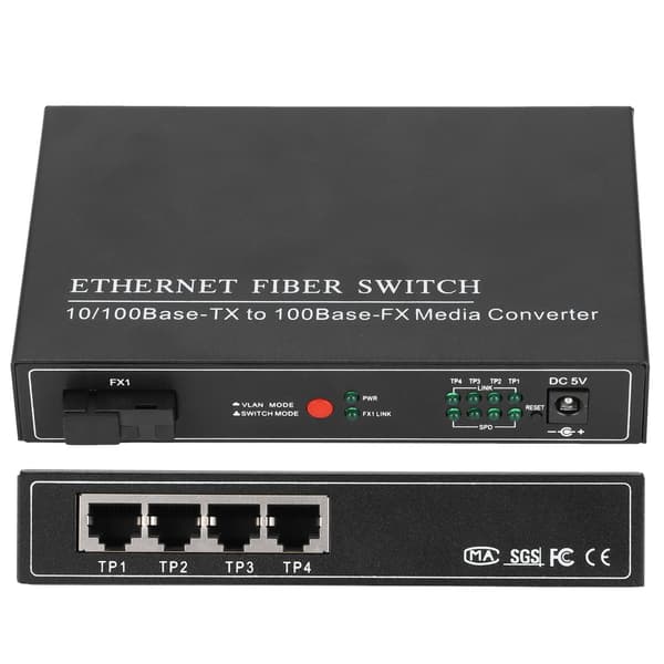 4-ports Ethernet Fiber Switch TBC‑MC3414ES20A Plug Play Stabil Robust Computernetværksswitch 100‑240VUK Stik