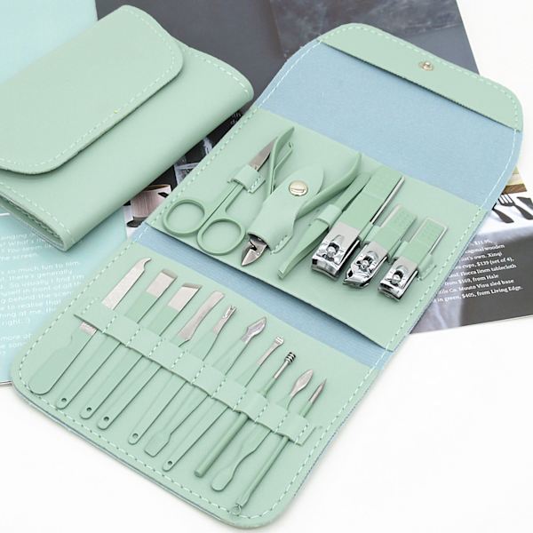 16 st Steel Nagelklippare Set Steel Manikyr Set Professionell Pedikyr Grooming Kit Grön