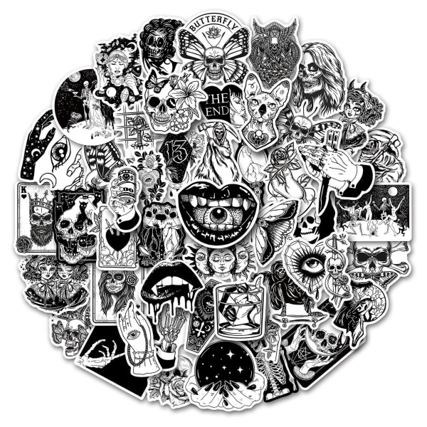 50-pack sort og hvid trendy punk vandtætte vinyl klistermærker til teenagere og voksne - ideel til bærbare computere, guitarer, skateboards og graffiti kunst