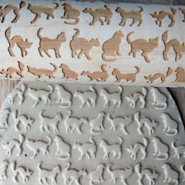 Kattungemønster preget trekjevle for hjemmebaking (35 cm x 4 cm)