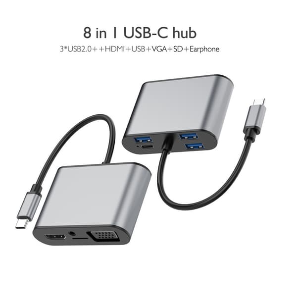 8-i-1 USB-C-hub grå multifunksjonell utvidelsesdokkingstasjon Type-C til HDMI+VGA+PD-kontakt grå