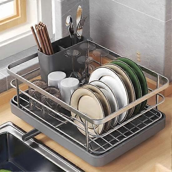 Dish Rack Large Capacity Non-Slip Design Stable Automatic Drainage Easy to Install Space-Saving Dish Rack for Kitchen Counter grey