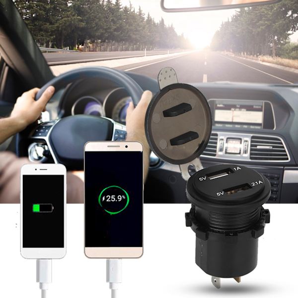 5V/1A 5V/2.1A Dubbla USB-portar Billaddare Spänningsdisplay Digital Voltmeter Fordon IP66 Vattentät Blå DC12‑24V