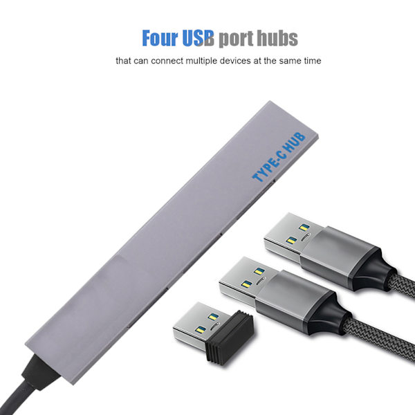 Aluminium magnesiumlegering Typ C till USB2.0 4-portars hubbadapter stöder OTG-funktion (grå)